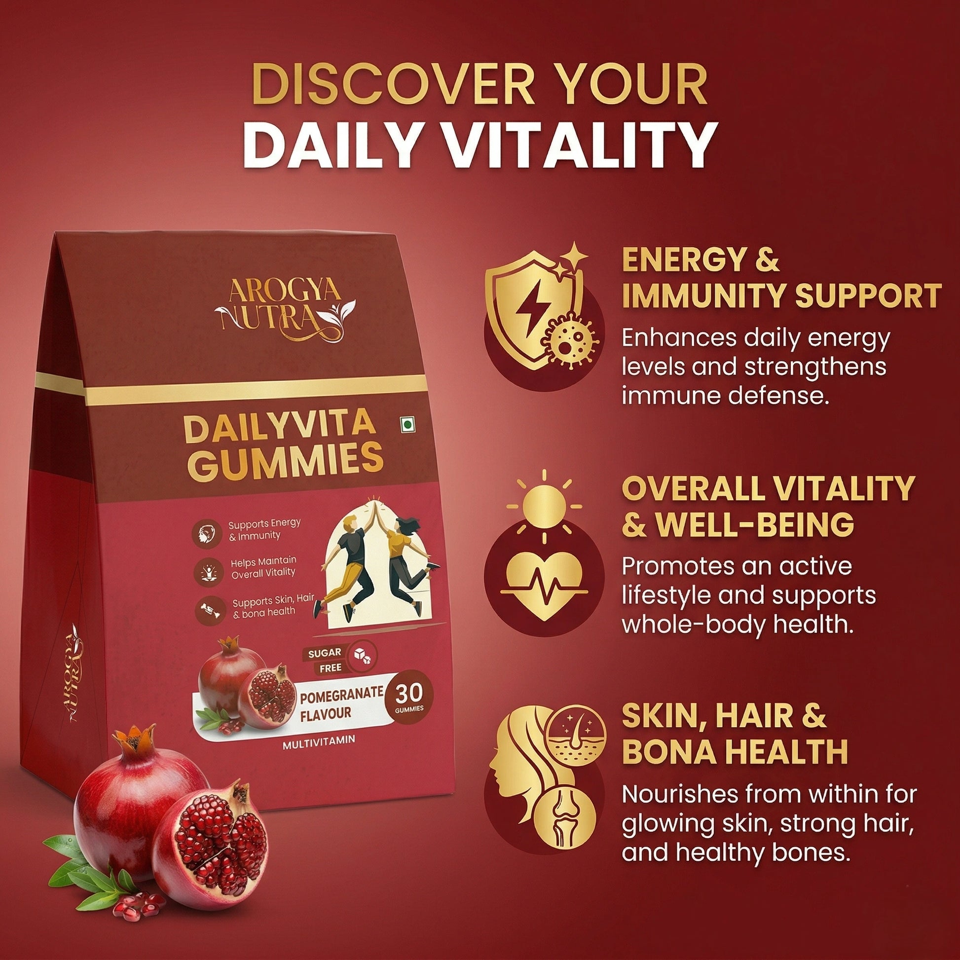 Arogya Nutra DailyVita Gummies packaging with benefits on a red background