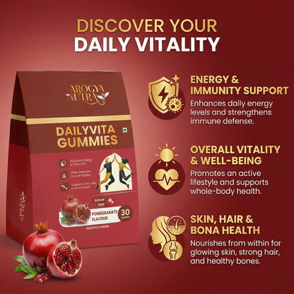 Arogya Nutra DailyVita Gummies packaging with benefits on a red background