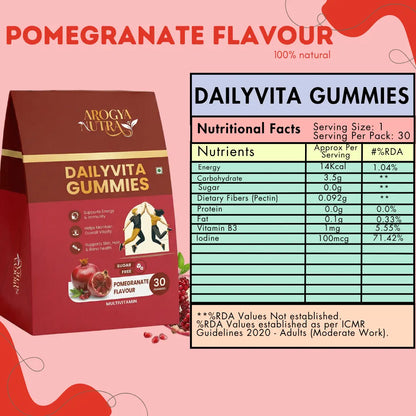 Arogya Nutra Dailvita Gummies packaging with nutritional facts on a pink background