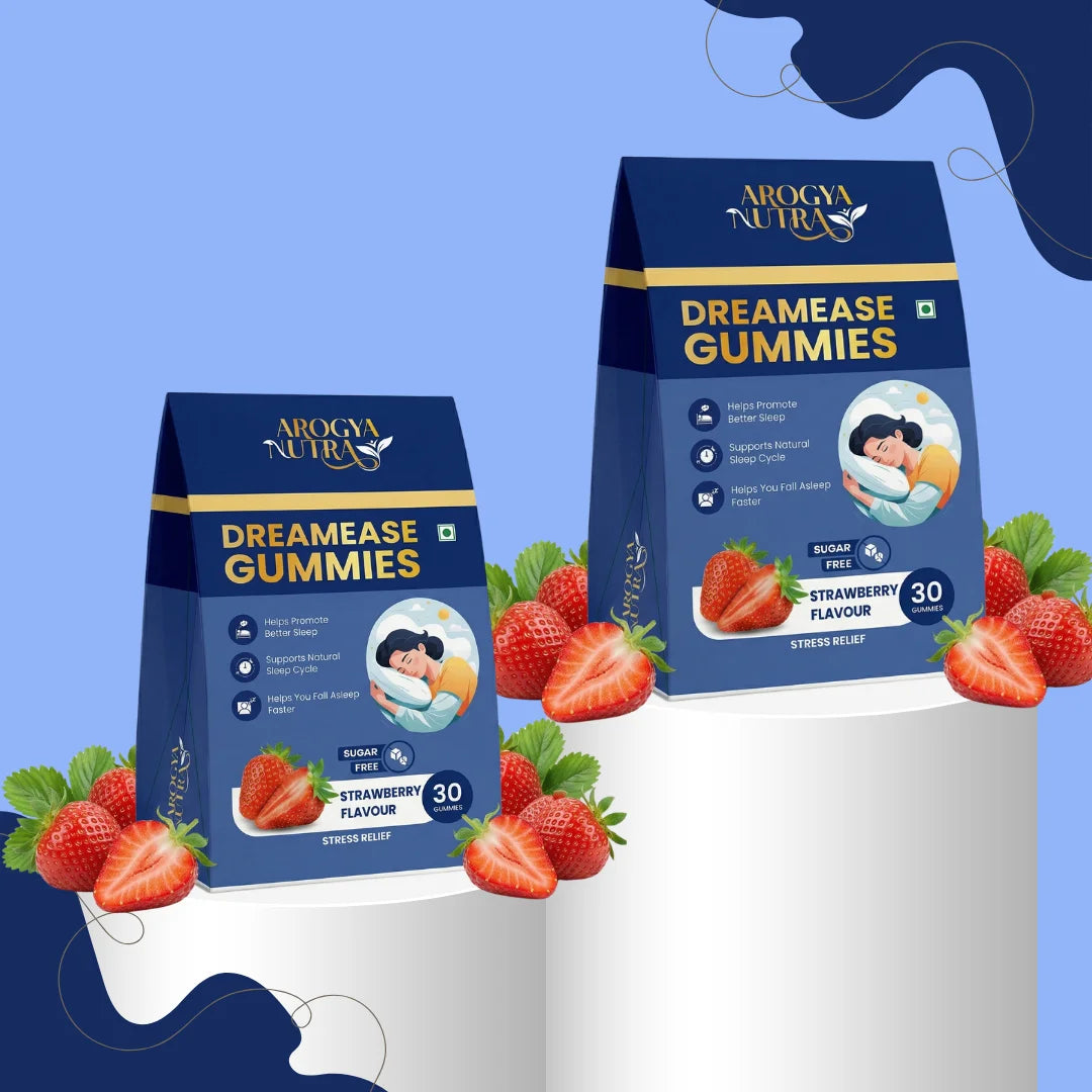 Two DreamEase Gummies packaging with strawberries on a blue and white background
