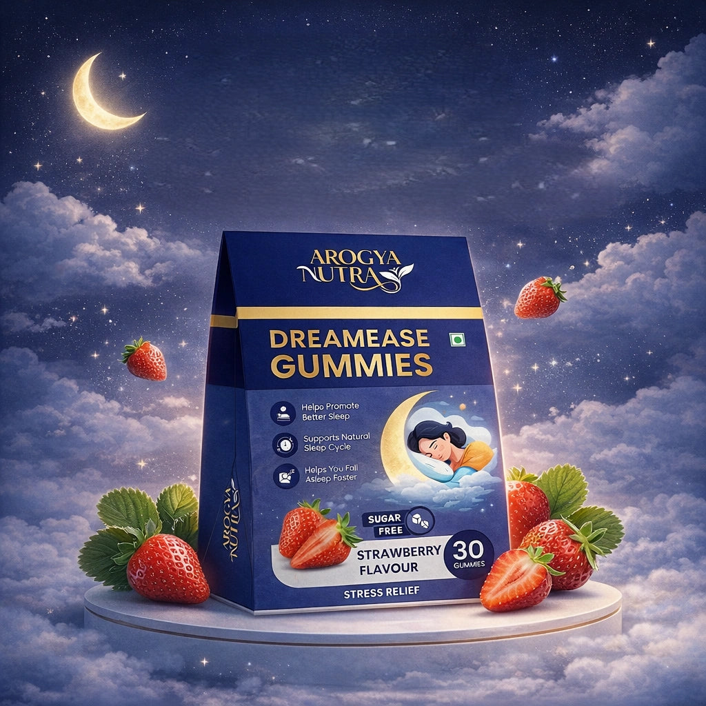 Arogya Nutras Dreamease Gummies packaging with strawberries on a night sky background