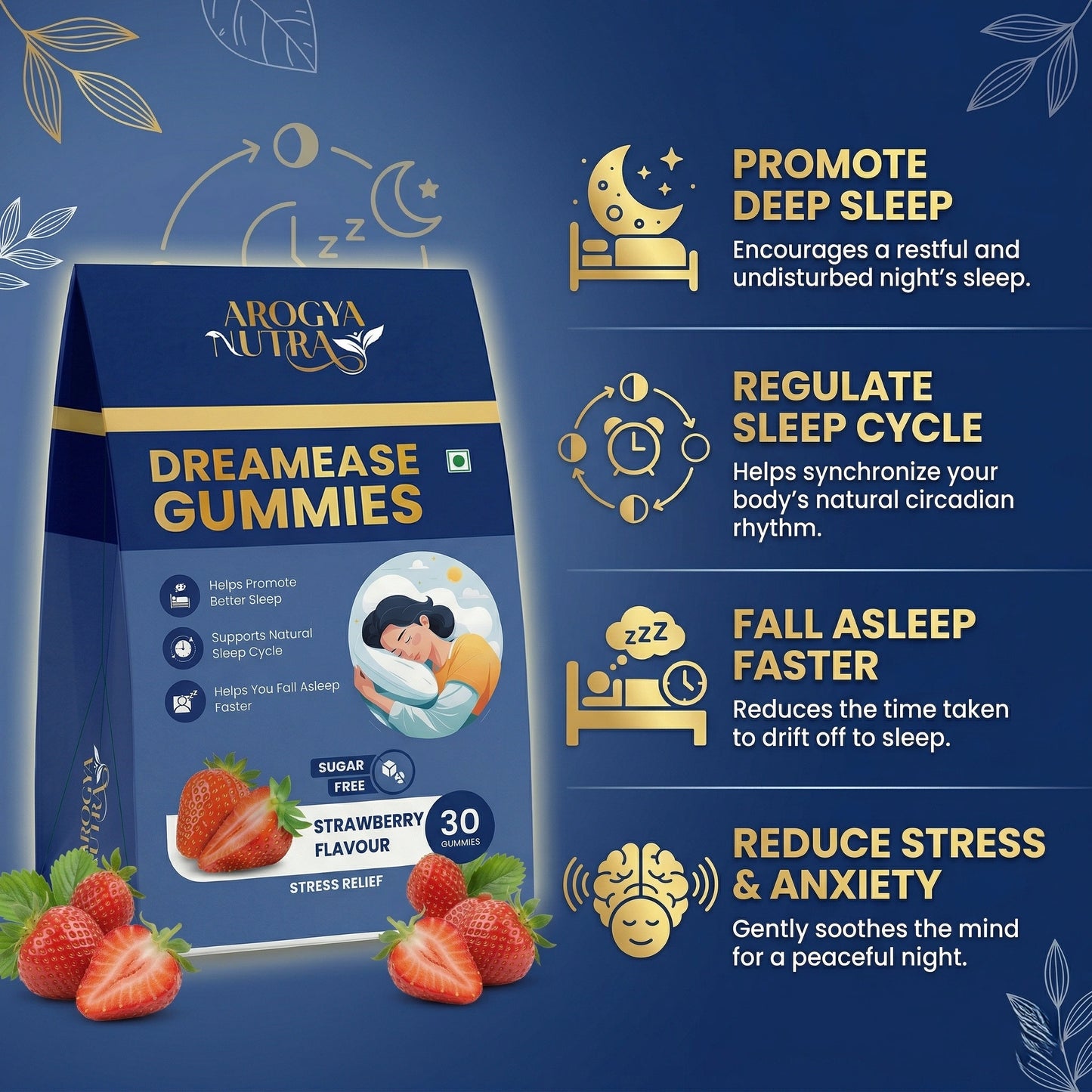 Arogya Nutra DreamEase Gummies packaging with strawberry flavor on a blue background
