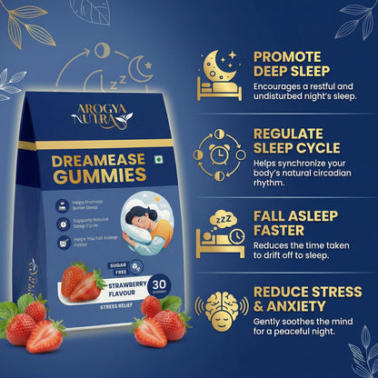 Arogya Nutra DreamEase Gummies packaging with strawberry flavor on a blue background