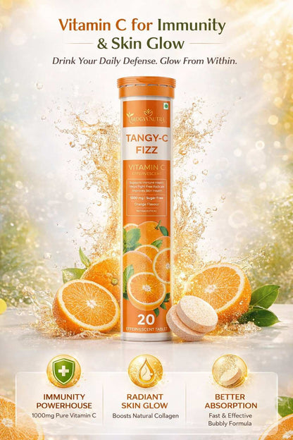 Tangy-C Fizz vitamin C supplement with oranges and text about benefits on a sparkling background