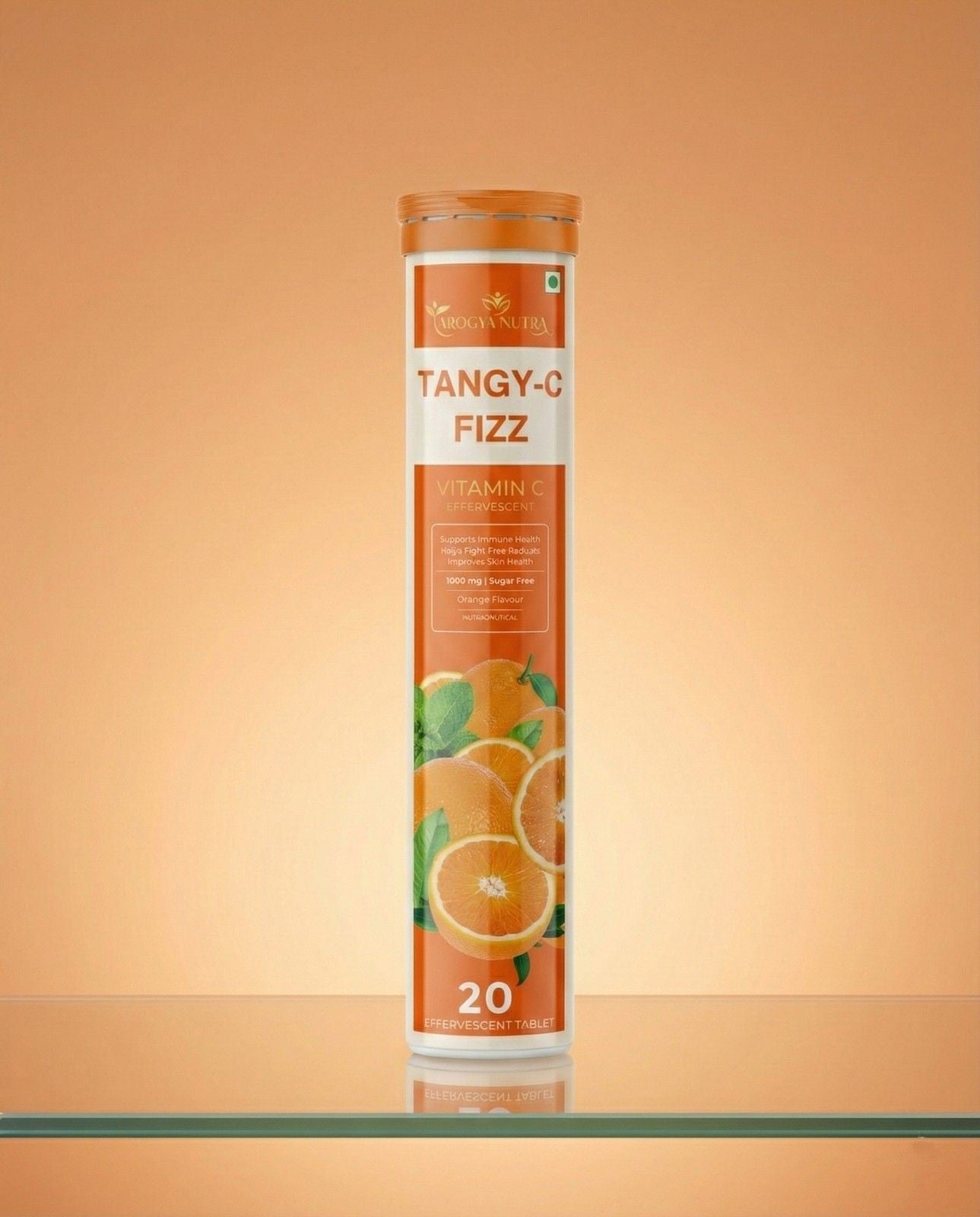 Tangy-C Fizz vitamin C supplement tube on a peach background