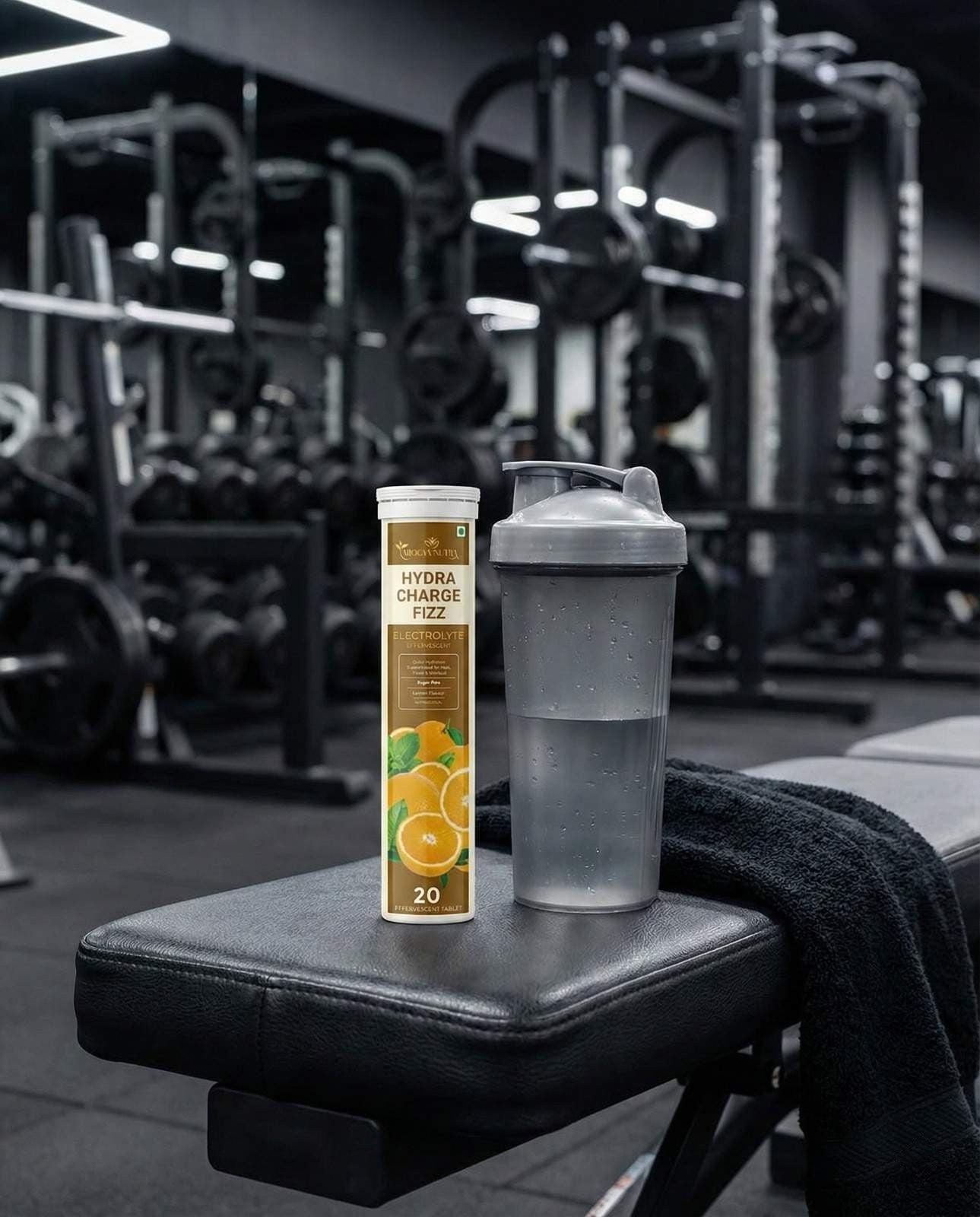 Hydra Charge Fizz supplement tube and clear shaker bottle on a gym bench with gym equipment in the background.