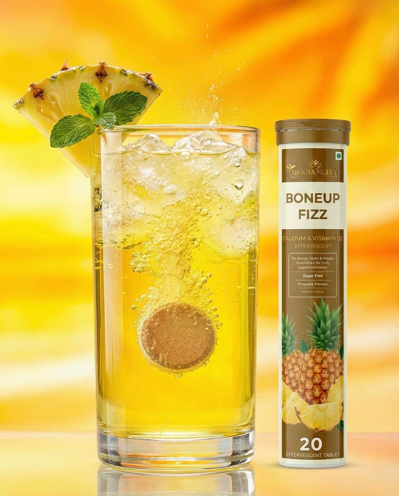 Glass of pineapple-flavored drink with a pineapple wedge and ice cubes, next to a bottle labeled 'Boneup Fizz' on a yellow background.
