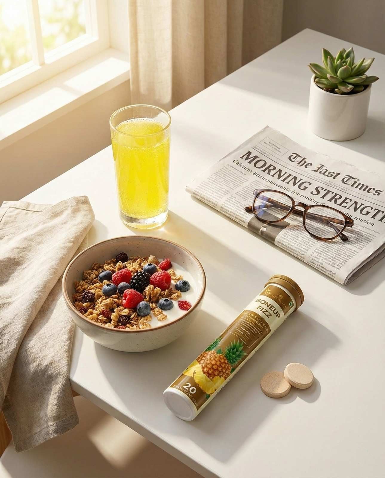 Bowl of cereal with fruit, glass of juice, newspaper, and supplement on a table.