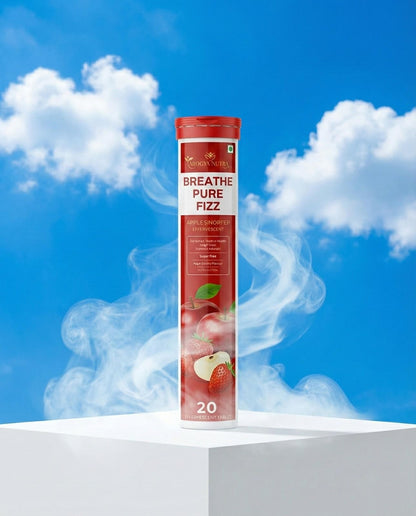 Breathe Pure Fizz product packaging with a blue sky and clouds in the background