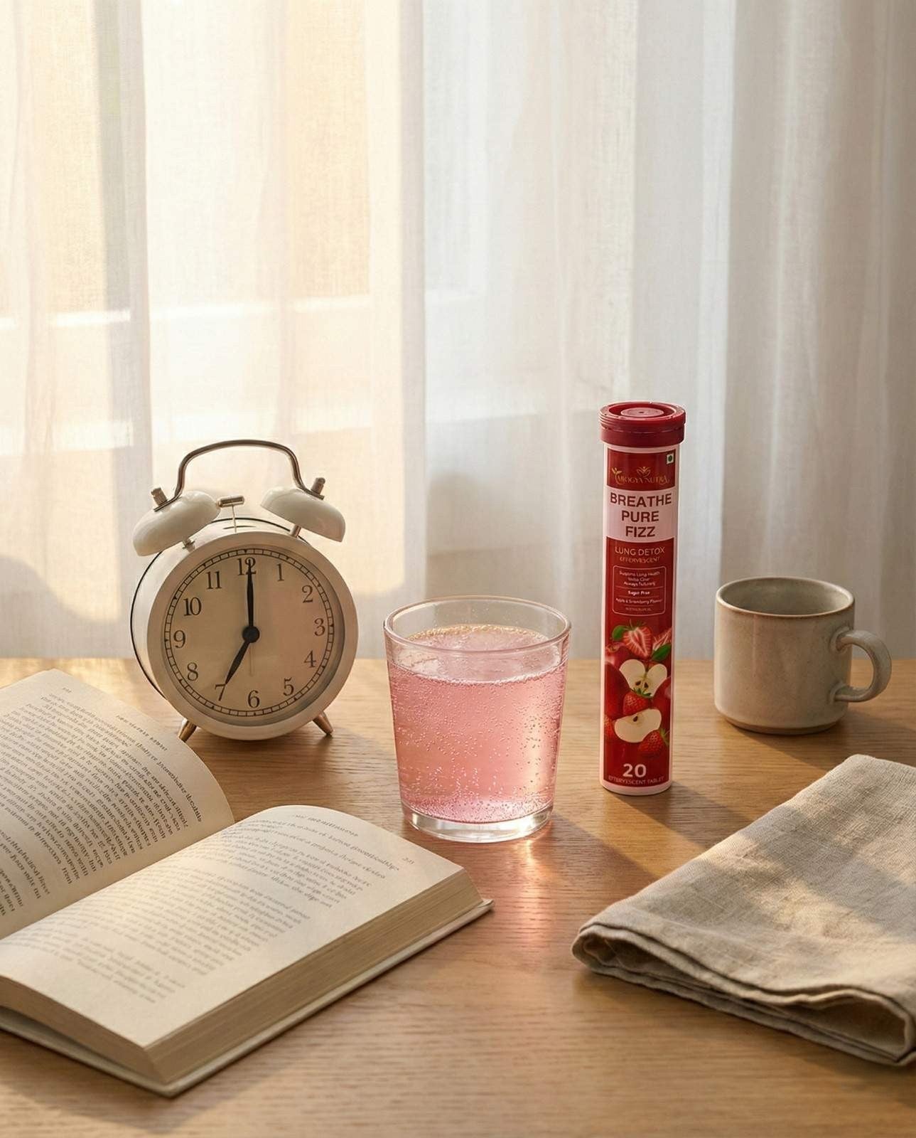 Table with book, glass of pink liquid, alarm clock, and Breath Pure 20 product.