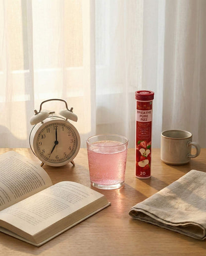 Table with book, glass of pink liquid, alarm clock, and Breath Pure 20 product.