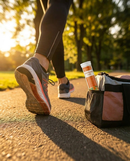 Person running on a path with a sports bag and energy drink in the foreground, surrounded by greenery.