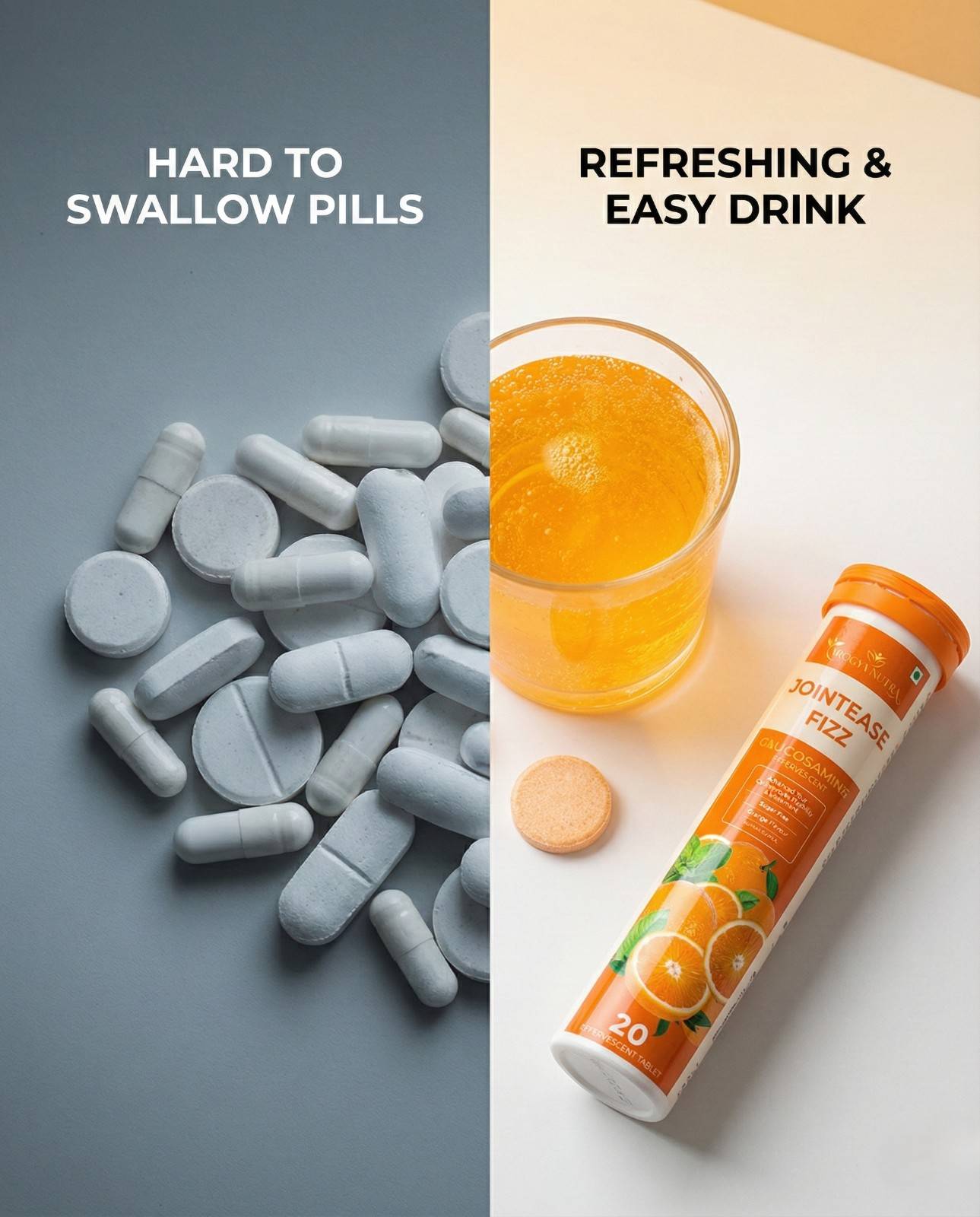 Comparison of hard-to-swallow pills on one side and a refreshing drink with a supplement tube on the other, set against a gray and white background.