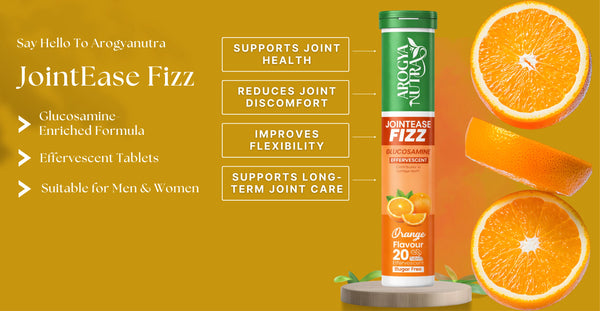 Arogya Nature's JointEase Fizz supplement with orange slices on a yellow background
