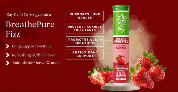 BreathePure Fizz product packaging with apple slices and an apple on a red background