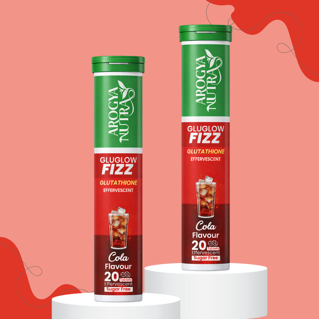 Two Arogya Nutra Gluglow Fizz cola-flavored drinks on a red background