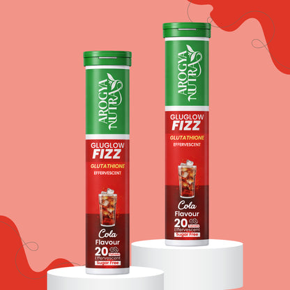 Two Arogya Nutra Gluglow Fizz cola-flavored drinks on a red background