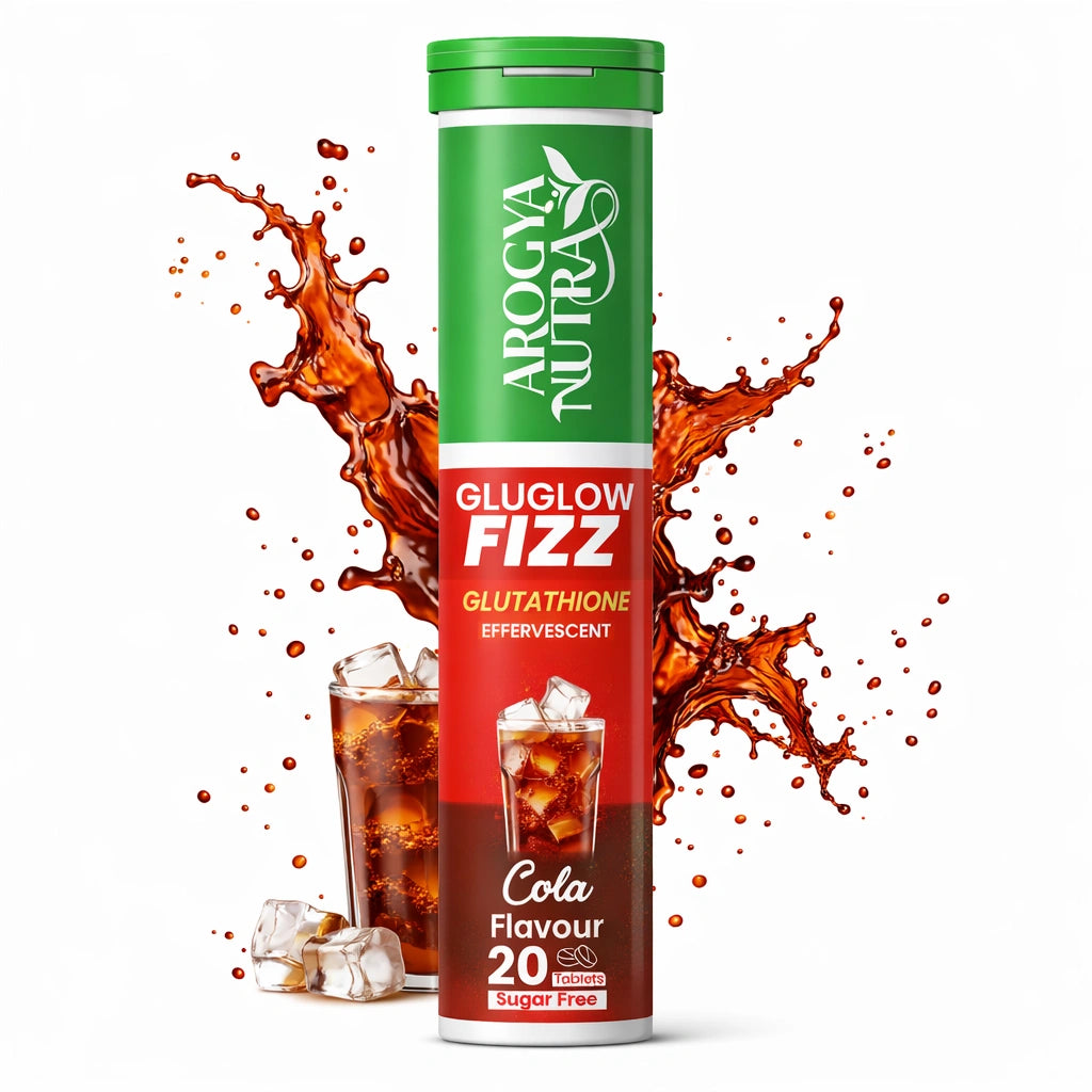 Arogya Nutra Gluglow Fizz Glutathione effervescent in Cola flavor with a glass of cola and ice cubes on a white background.