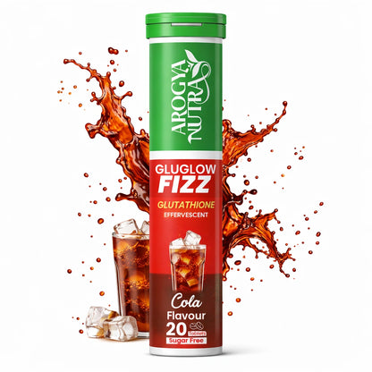 Arogya Nutra Gluglow Fizz Glutathione effervescent in Cola flavor with a glass of cola and ice cubes on a white background.