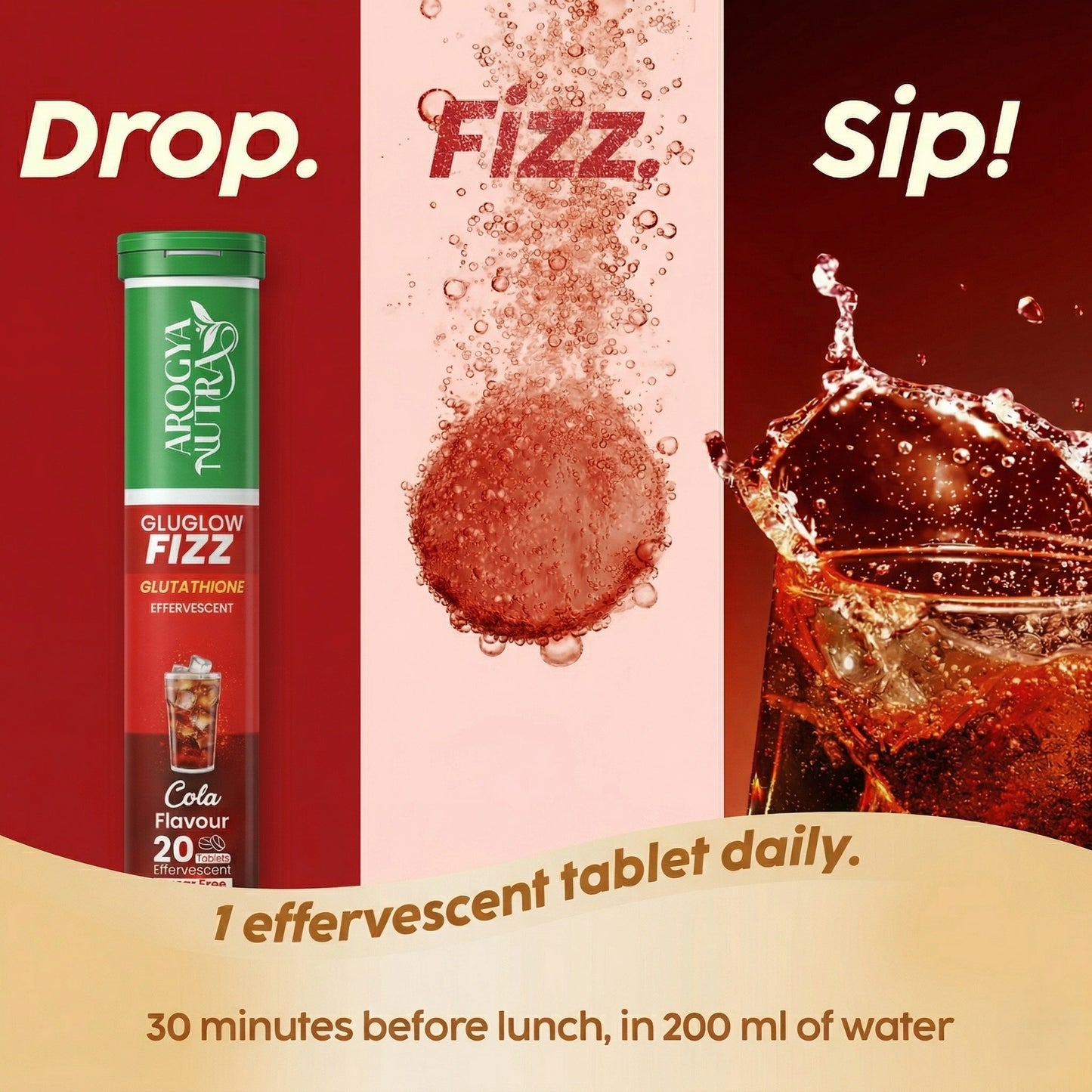 Advertisement for a Gluglow Fizz tablet with cola flavor, showing text 'Drop. Fizz. Sip!' and product packaging.