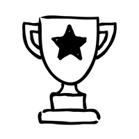 Black and white drawing of a trophy with a star on a white background