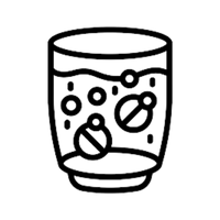 Black and white icon of a glass with coffee beans and liquid.