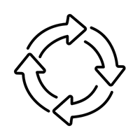 Circular icon with four arrows pointing clockwise on a white background