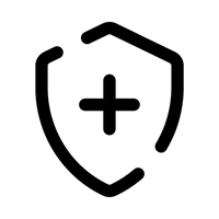 Black shield icon with a plus sign in the center on a white background