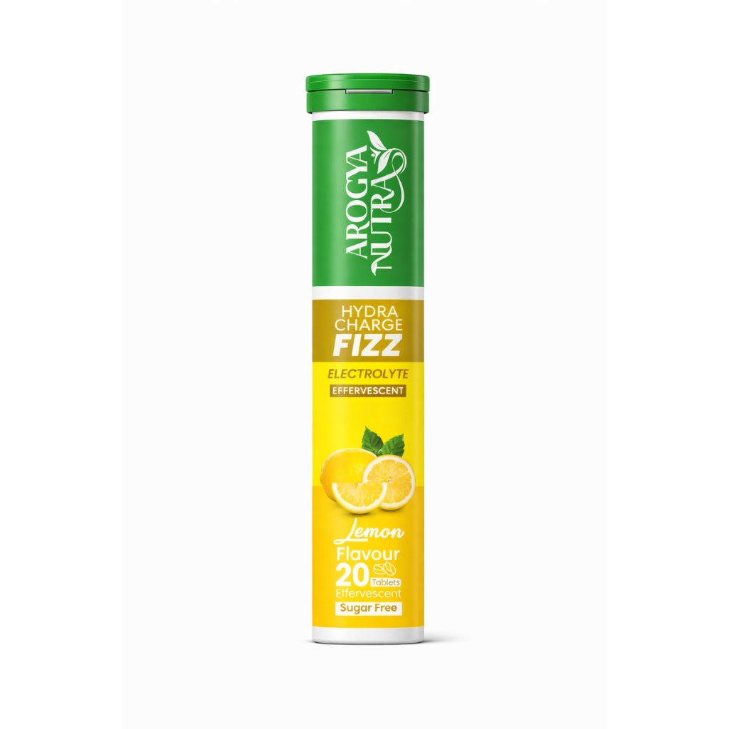 Arogya Nutra Hydra Charge Fizz electrolyte supplement with lemon flavor on a white background