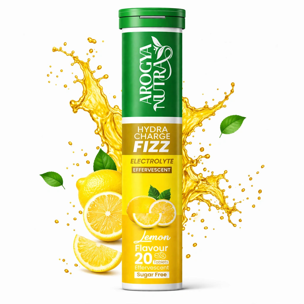Aroga Nutra Hydra Charge Fizz electrolyte supplement with lemon flavor on a white background