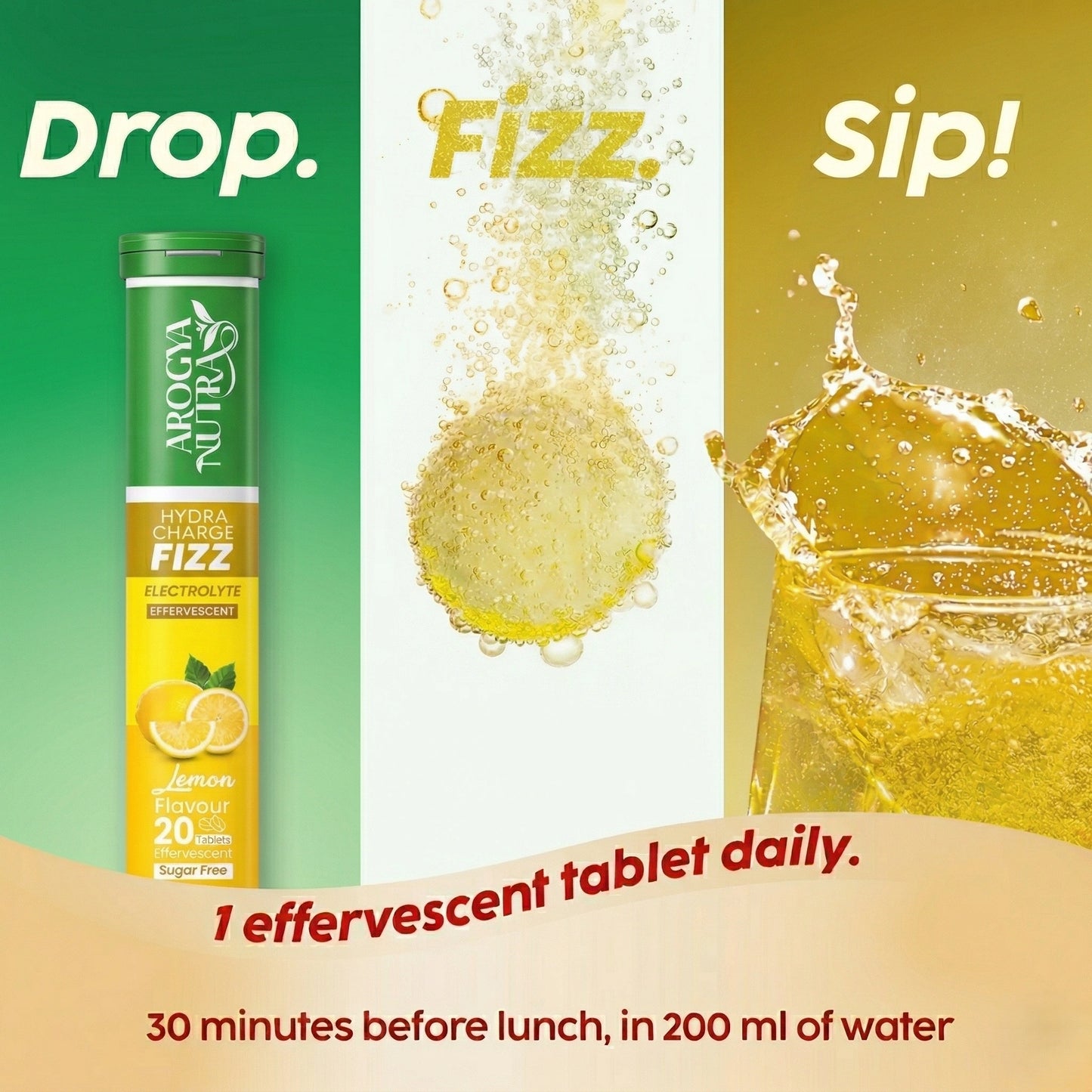 Advertisement for a HydraCharge Fizz tablet with Lemon flavor, showing text 'Drop. Fizz. Sip!' and product packaging.