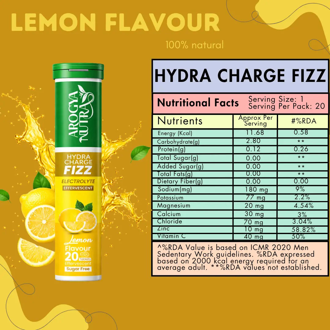 Hydra Charge Fizz drink mix container with nutritional facts on a yellow background