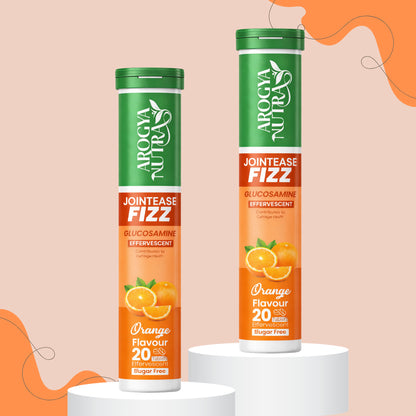 Two bottles of Arogya Nutra Jointease Fizz on a peach background