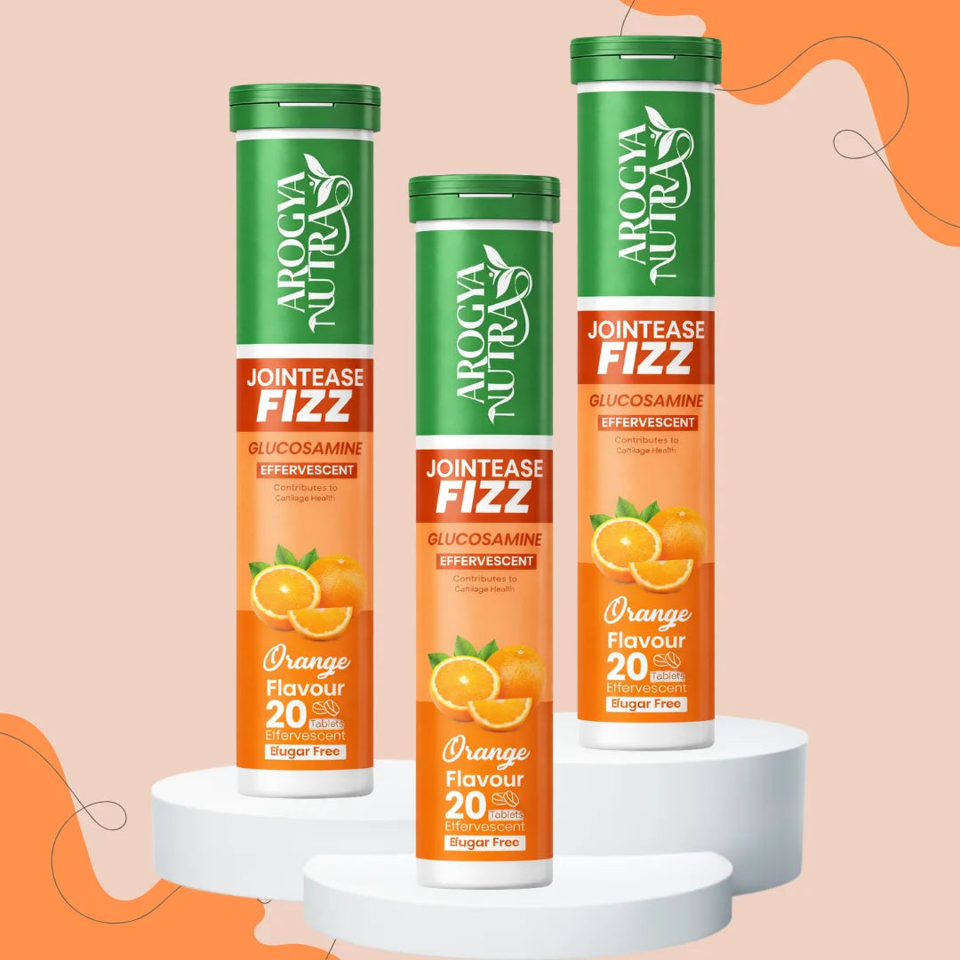 Three Arogya Nutra Fizz drinks on a white stand with an orange background