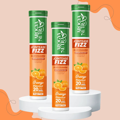 Three Arogya Nutra Fizz drinks on a white stand with an orange background