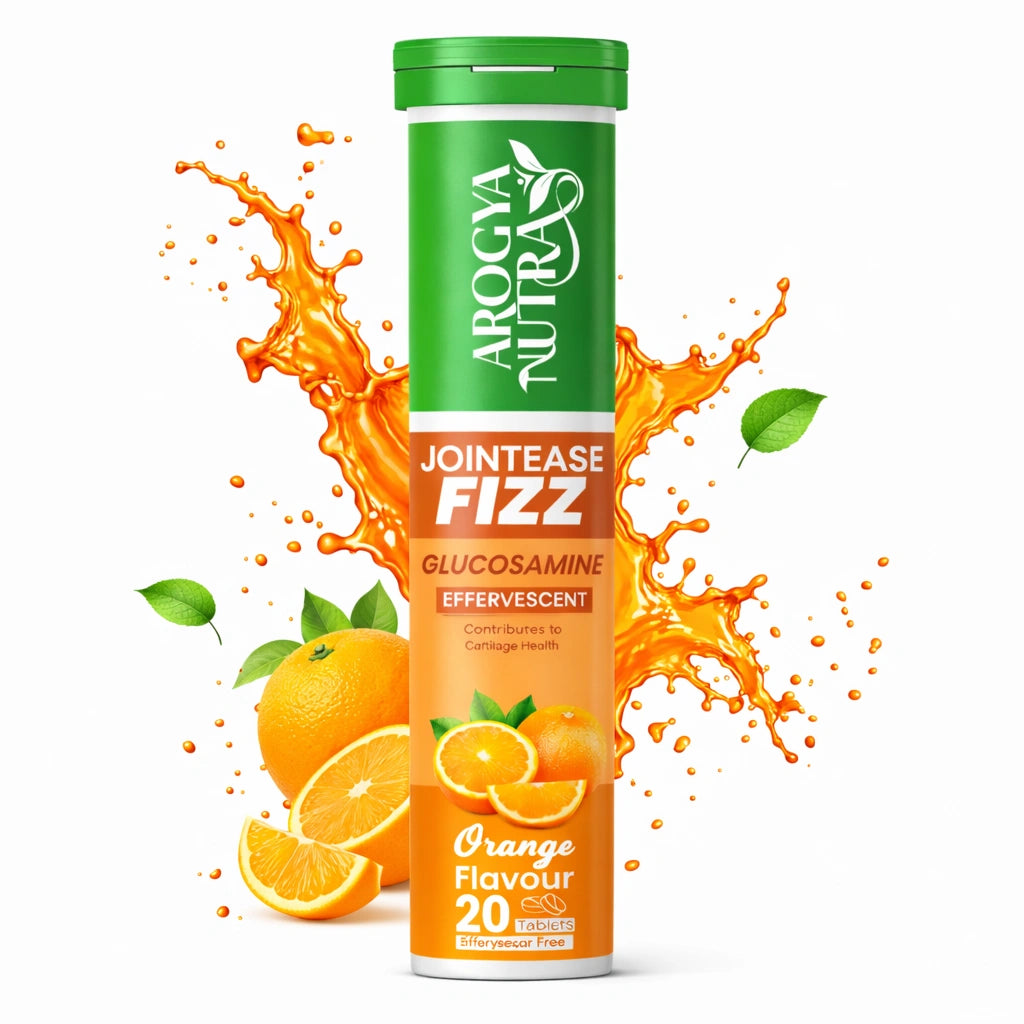Arogya Nutras Jointease Fizz Glucosamine Effervescent supplement tube with orange flavor on a white background