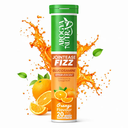 Arogya Nutras Jointease Fizz Glucosamine Effervescent supplement tube with orange flavor on a white background