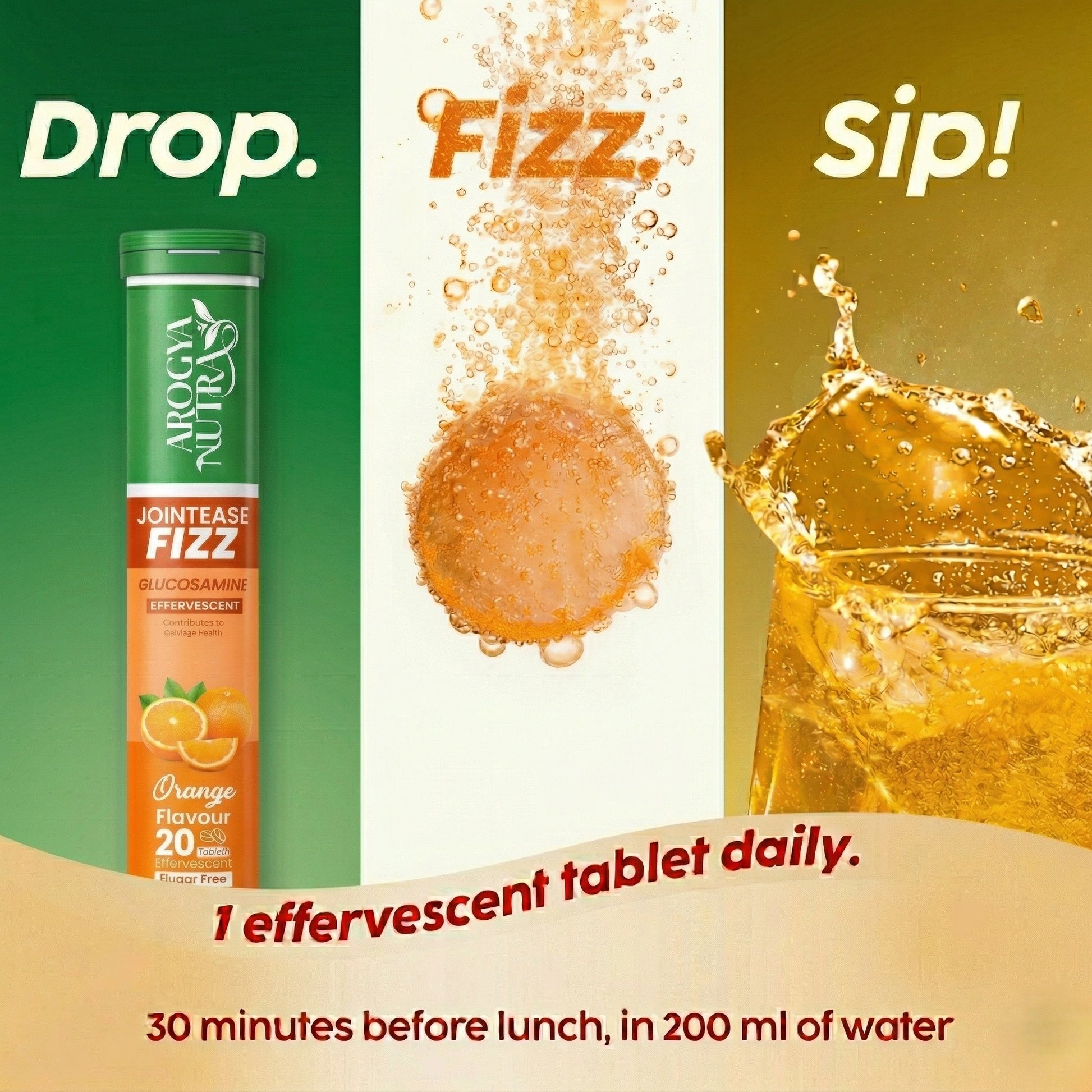 Jointease Fizz effervescent tablet with text 'Drop. Fizz. Sip!' and product image.