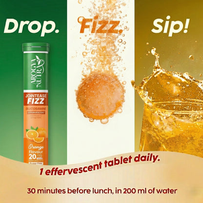 Jointease Fizz effervescent tablet with text 'Drop. Fizz. Sip!' and product image.