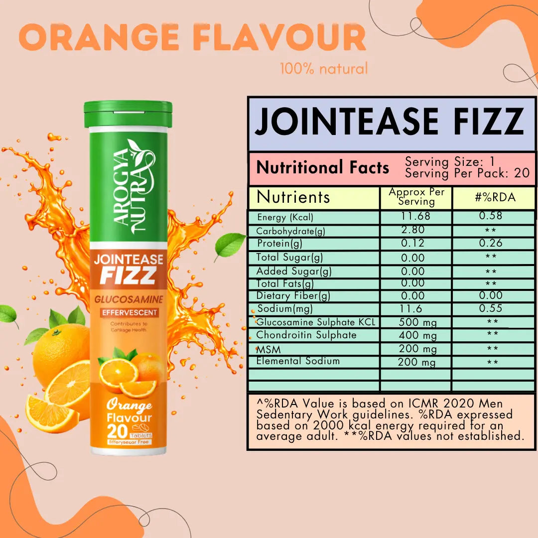 JointEase Fizz Orange flavour supplement with nutritional facts on a Light Orange background