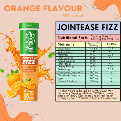 JointEase Fizz Orange flavour supplement with nutritional facts on a Light Orange background
