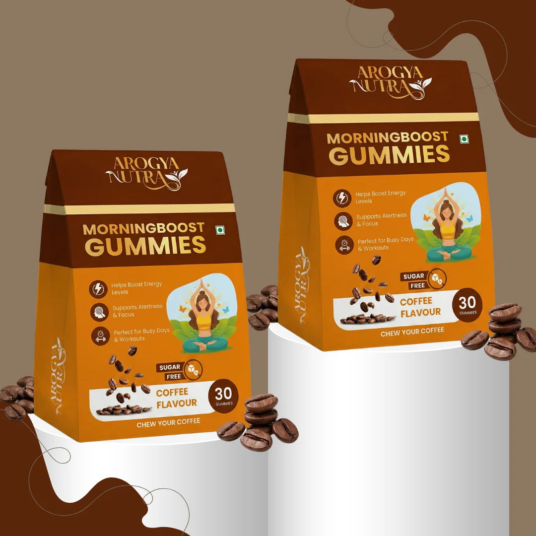 Two packages of Arogya Nature Morningboost Gummies on a white background with coffee beans.