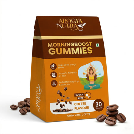 Arogya Nutra Morningboost Gummies package with coffee beans on a white background