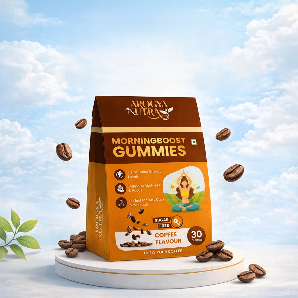Arogya Nutra Morningboost Gummies package with coffee beans on a sky background