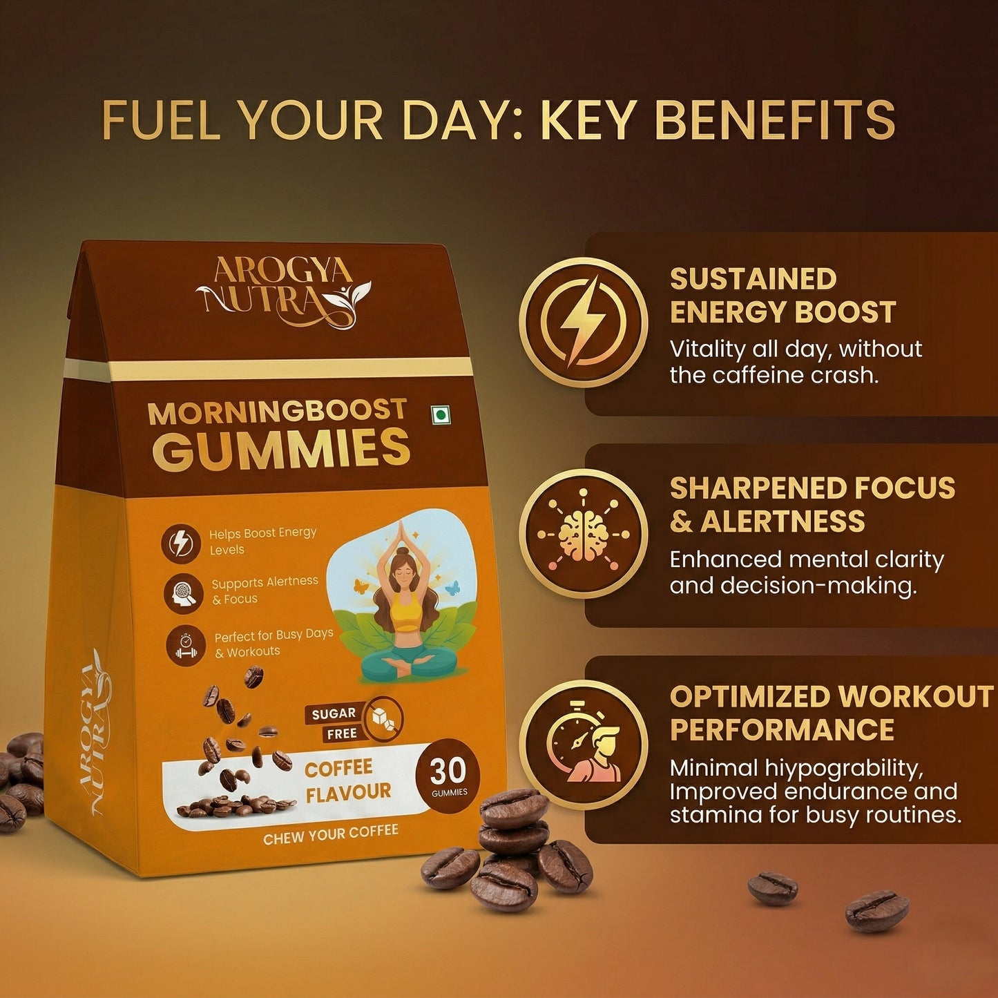 Arogya Nutri Morningboost Gummies packaging with key benefits on a brown background