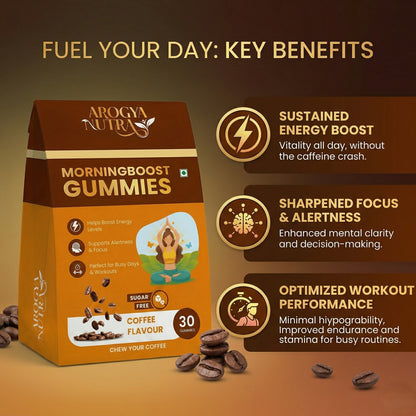 Arogya Nutri Morningboost Gummies packaging with key benefits on a brown background