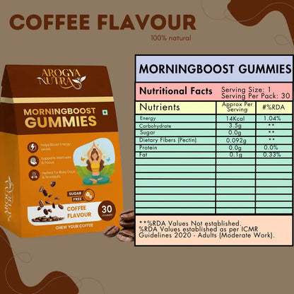 MorningBoost Gummies Coffee flavour supplement with nutritional facts on a Brown background