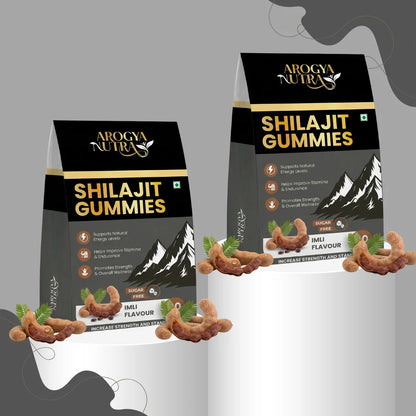 Two packages of Arogya Nutra Shilajit Gummies on a gray background