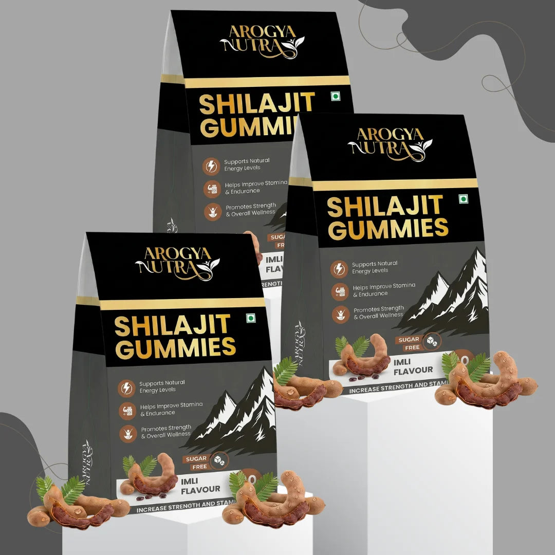 Three packages of Arogya Nutra Shilajit Gummies on a gray background