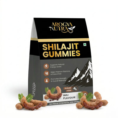 Arogya Nutra Shilajit Gummies packaging with gummies displayed in front on a white background